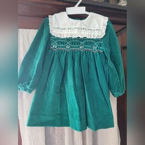 Vintage Green Velvet Hand Smocked Dress Baby Girl Holiday